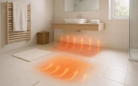 Chaleur douce émanant du sol carrelé, symbolisant l'efficacité d'un entretien plancher chauffant pour un confort optimal.