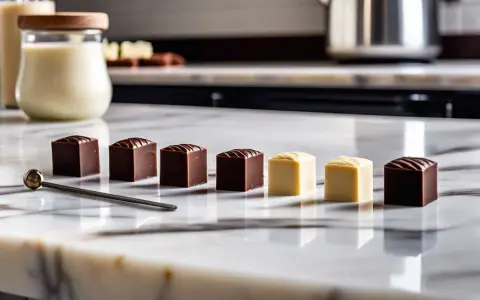 Cubes de chocolat noir et blanc alignés sur un marbre, prêts pour le temperage chocolat blanc. Une cuillère dorée repose à côté.