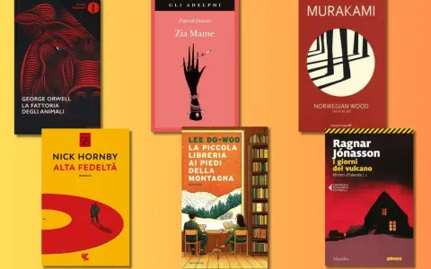 Sei copertine di libri importanti da leggere: "La fattoria degli animali", "Zia Mame", "Norwegian Wood", "Alta fedeltà", "La piccola libreria ai piedi della montagna", "I giorni del vulcano".