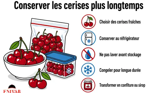 Conseils pour bien conserver des cerises : choisir des fruits frais, les garder au frais, ne pas les laver avant stockage, les congeler ou les transformer en confiture.