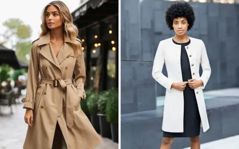 Zwei Frauen zeigen, wie man einen Trenchcoat kombiniert: eine in Beige mit Gürtel, die andere in Weiß über einem schwarzen Kleid.