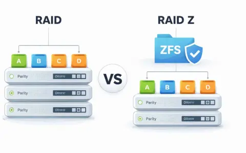 Porównanie RAID i RAID Z z ZFS. Schemat pokazuje, jak dane (A, B, C, D) są rozłożone na dyskach, ilustrując działanie **ssd raid**.