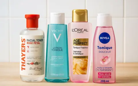 Quatre bouteilles de toniques pour le visage : Thayers, Vichy, L'Oréal et Nivea. Un tonique sert à rafraîchir et préparer la peau.
