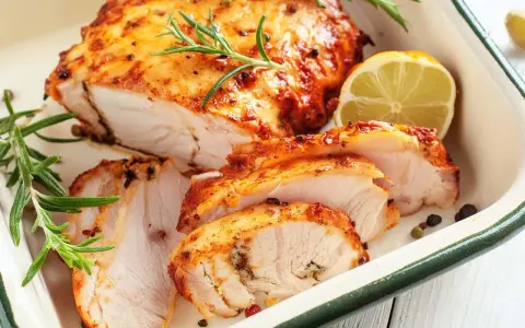 Soczysty filet z indyka, pieczony z ziołami i cytryną, pokrojony w plastry, prezentuje się apetycznie.