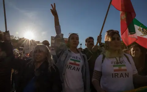 Menschen demonstrieren für ein free Iran. Eine Frau hält ein Schild mit der Aufschrift "Free Iran" und der iranischen Flagge.