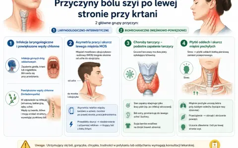Anatomia szyi z boku, pokazująca budowę mięśni i struktur, które mogą powodować ból po lewej stronie krtani.