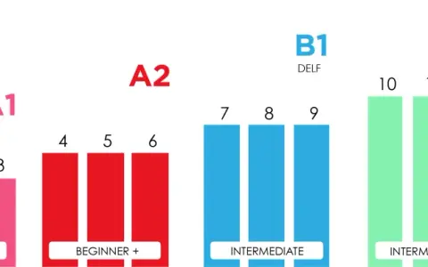 Gráfico de niveles de francés: A0, A1, A2, B1, B2, C1+. Muestra el progreso desde principiante hasta avanzado.