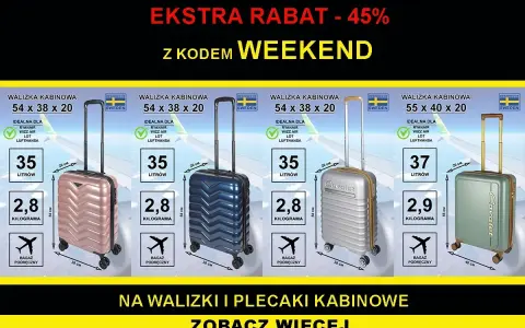 Walizki kabinowe idealne na bagaż rejestrowany 10 kg w liniach Ryanair, Wizz Air. Promocja z kodem WEEKEND.