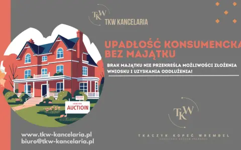 Ilustracja czerwonego domu z werandą i ogrodem, z tabliczką "AUCTION" na trawniku.