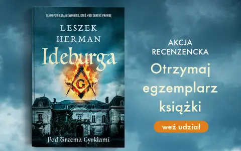 Okładka książki "Ideburga" Leszka Hermana. Tajemniczy dwór i symbol G w ogniu. Idealna pozycja w kolejności czytania jego powieści.