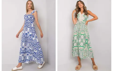 Dwie kobiety w letnich sukienkach. Jedna w sukience maxi z białym wzorem paisley na niebieskim tle, druga w zielonej sukience maxi z tym samym wzorem.