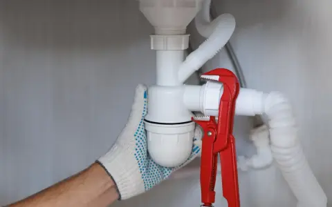 Ręka w rękawicy dokręca kluczem hydrauliczny syfon samoczyszczący, co znaczy, że zapobiega on zatorom.