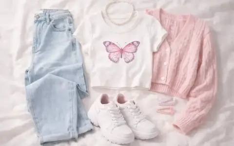 Ubrania w stylu coquette: jasne jeansy, biały crop top z motylem, różowy sweterek, białe sneakersy i perłowy naszyjnik.