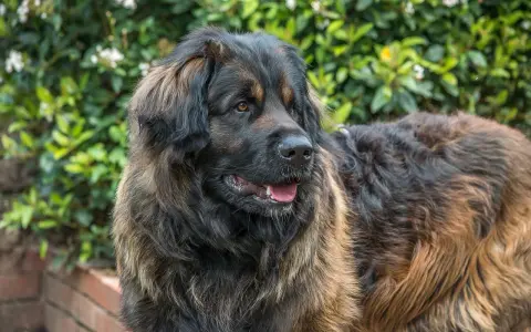 Duży brązowy pies rasy leonberger z gęstą, puszystą sierścią, patrzący w bok na tle zieleni.
