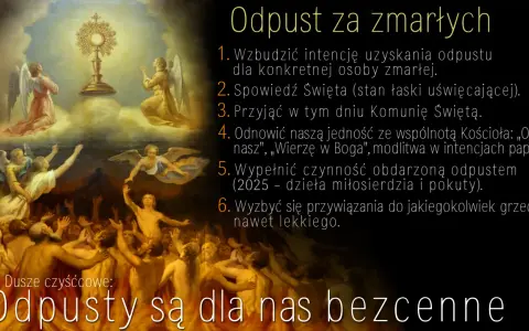 Obraz przedstawia scenę z aniołami i duszami w ogniu, z monstrancją w chmurach. Tekst informuje o 9-dniowej nowennie za dusze w czyśćcu cierpiące.