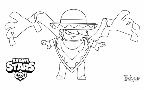 Edgar z Brawl Stars w wersji do kolorowania, z charakterystycznym ponchem i kapeluszem.