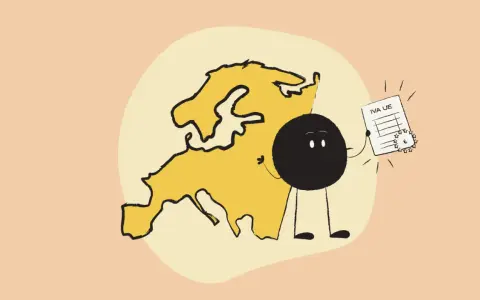 Un personaje negro sonriente junto a un mapa de Europa, mostrando un documento con las partes de una factura y el símbolo del euro.