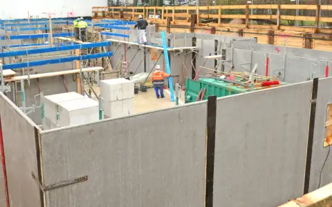 Baustelle mit WU Beton Wänden, Schalung und Arbeitern.