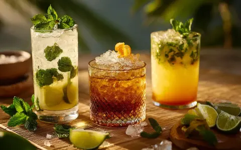 Tre uppfriskande rom drinkar med mynta och lime på ett solbelyst bord. Perfekt för en varm sommardag.