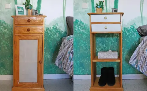 Antes y después de restaurar mesita de noche. La mesita de madera con puerta y cajones se transforma en un mueble abierto con estantes.