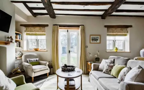 Salon confortable d'un maison cottage anglais, avec poutres apparentes, fauteuils douillets et vue sur le jardin.