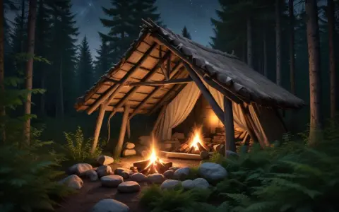 Mysig natt i skogen. Värmande eldar sprakar framför ett vindskydd där man kan sova gott.