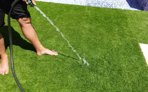 Persona riega césped artificial con manguera. Aprende cómo limpiar césped artificial fácilmente para mantenerlo verde y fresco.