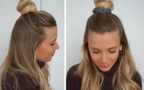 Coiffure simple et rapide cheveux mi long : un chignon haut sur le dessus de la tête, avec le reste des cheveux lâchés.