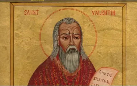 Ikona przedstawia św. Walentego z siwą brodą i włosami, trzymającego zwój. To ilustracja do legendy o świętym Walentym dla dzieci.