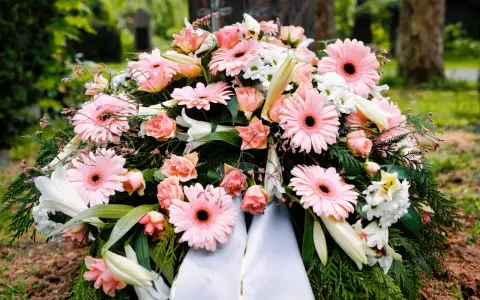 Wieniec pogrzebowy z różowymi gerberami i różami. Szarfy z wieńców można wykorzystać do ozdoby grobu lub jako materiał do rękodzieła.