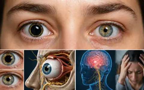 Occhi con la parte nera dell'occhio (pupilla) dilatata e contratta, anatomia oculare, cervello con emicrania e donna sofferente.