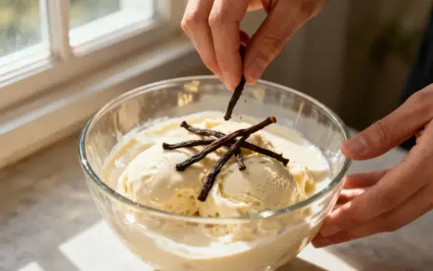 Des mains ajoutent des gousses de vanille sur un parfait glacé à la vanille dans un bol en verre.
