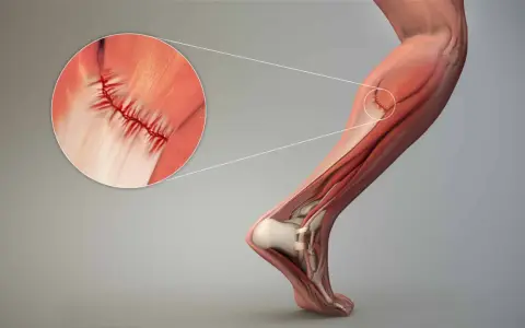 Dettaglio di lesioni muscolari con suture, illustrando il trattamento chirurgico per la riparazione.
