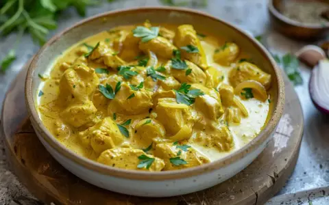 En skål med krämig kyckling currysås, toppad med färsk persilja. En härlig rätt som doftar av kryddor och värme.