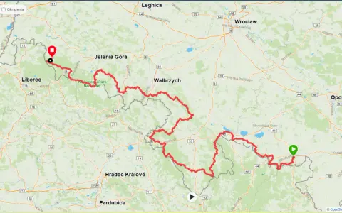 Mapa szlaku z zaznaczonymi punktami. Główny szlak sudecki ile dni zajmuje przejście? Trasa prowadzi przez Karkonosze, Wałbrzych, Opole.