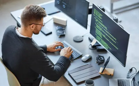 Mężczyzna w okularach pracuje przy komputerze, pisząc kod. To idealny obrazek dla CV front end developera.