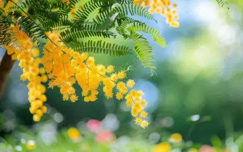 Des grappes de fleurs de mimosa jaune vif pendent sur des branches vertes. L'idée de planter un mimosa pour égayer le jardin.