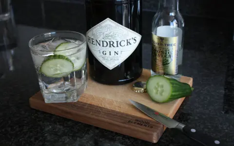 Szklanka z ginem Hendrick's i ogórkiem, obok butelka ginu, Fever-Tree i plasterki ogórka. Idealne składniki do drinków.