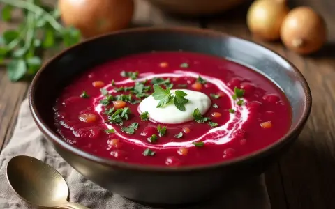 Aksamitna zupa buraczkowa, jak u babci, z kleksem śmietany i posiekaną natką pietruszki.
