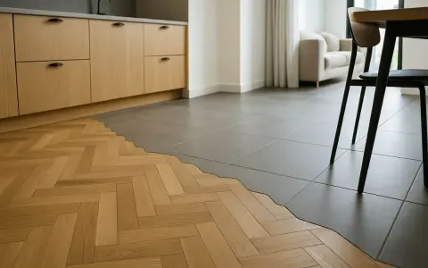 Un pavimento in parquet a spina di pesce incontra piastrelle grigie, un'idea per rifare pavimento con stile.