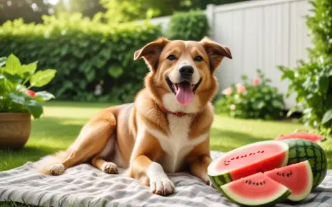 Glad hund på picknickfilt med vattenmelon. En perfekt sommardag för en vattenmelon hund.