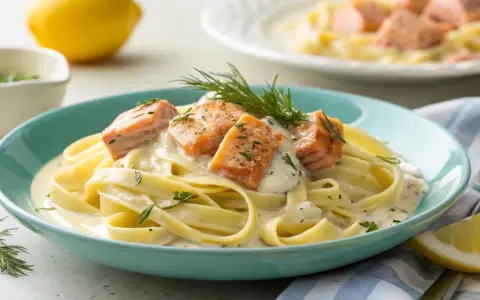 Tagliatelle al salmone: breite Bandnudeln in cremiger Sauce mit saftigen Lachsstücken und frischen Kräutern, garniert mit Dill.
