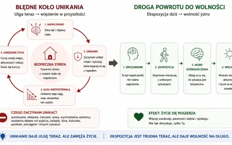 Cykl unikania: napad paniki, unikanie, ulga, zawężanie życia. Droga do wolności: zrozumienie, ekspozycja, nowe doświadczenia, wolność.