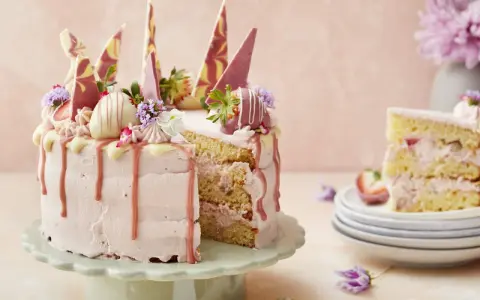 En vacker tårta med rosa frosting, jordgubbar och chokladdekorationer. Perfekt för att dekorera tårta till ett speciellt tillfälle.