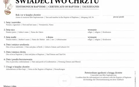 Świadectwo chrztu, dokument niezbędny do zawarcia sakramentu małżeństwa. Zawiera dane o chrzcie, rodzicach i bierzmowaniu.
