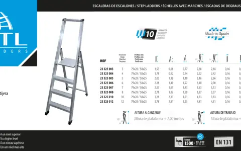 Escalera de tijera KTL con varios peldaños, ideal como materiales para forrar escaleras. Incluye especificaciones técnicas y medidas.