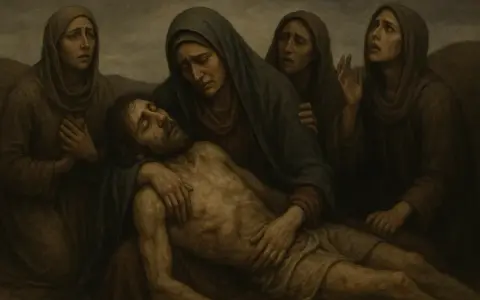 Obraz przedstawia Matkę Boską trzymającą na rękach martwe ciało Jezusa, otoczoną przez opłakujące kobiety.