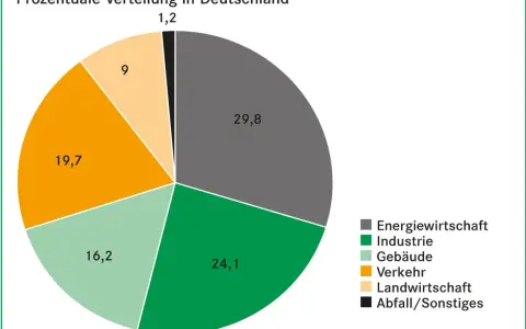 CO2 Emissionen Deutschland nach Sektoren: Energiewirtschaft (29,8%), Industrie (24,1%), Gebäude (16,2%), Verkehr (19,7%), Landwirtschaft (9%), Abfall/Sonstiges (1,2%).