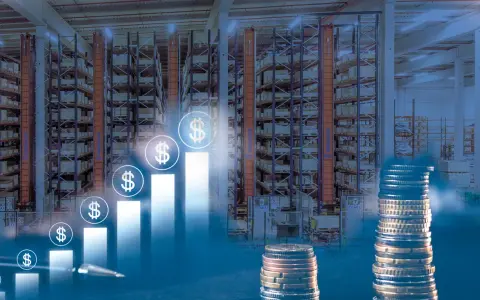 Gráfico de barras ascendente con símbolos de dólar sobre un almacén. La fórmula PMP se aplica para optimizar la logística y maximizar ganancias.