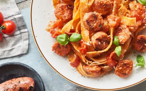 Herzhafte Pasta mit Salsiccia und Tomaten, ein Klassiker der italienischen Küche. Köstliche Salsiccia Rezepte Italienisch.
